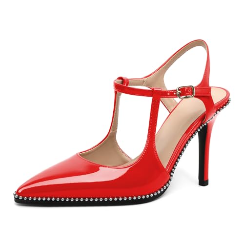 AUMOTED Spitze Pumps mit Perlenverzierung Stiletto Absatz mit Knöchelriemen Bequeme High Heel Schuhe für Einen lässig eleganten Look aus Rot Lackleder EU37 von AUMOTED