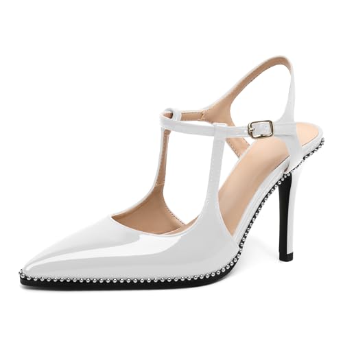 AUMOTED Stiletto Absatz Pumps mit Spitzer Zehenpartie High Heel Entzückende Perlenverzierte Pumps mit Fesselriemchen für Frauen Lackleder Weiß EU41 von AUMOTED