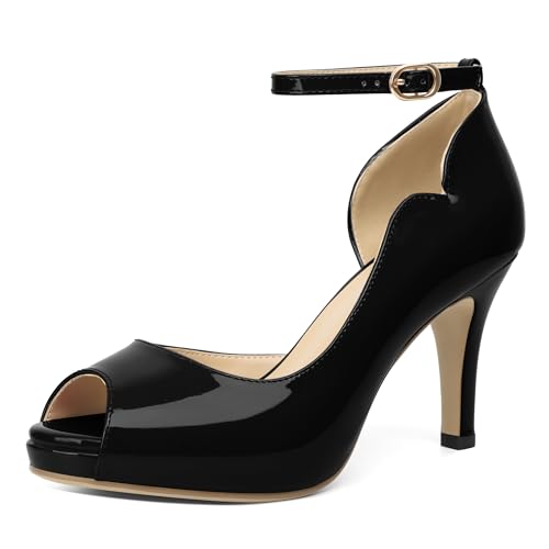 AUMOTED Stiletto Absatz für Frauen Mode Plateauschuhe Schuhe mit Hohen Absätzen für Partys Entzückende Peep Toe Absatzschuhe aus Schwarz Lackleder EU38 von AUMOTED