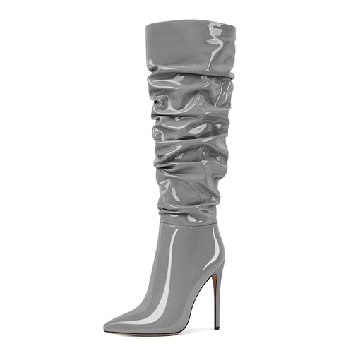 AUMOTED Stiletto Heel Kniehohe Stiefel für Frauen Pointey Toe Long Booties Zipper High Heel Work Comfortable Dress 4.7 Zoll Lackleder Grau EU42 von AUMOTED