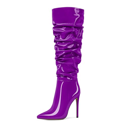 AUMOTED Stiletto Heel Kniehohe Stiefel für Frauen Pointey Toe Long Booties Zipper High Heel Work Comfortable Dress 4.7 Zoll Lackleder Lila EU42 von AUMOTED