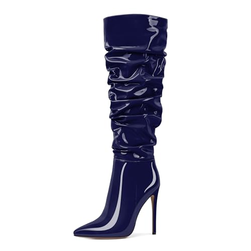 AUMOTED Stiletto Heel Kniehohe Stiefel für Frauen Pointey Toe Long Booties Zipper High Heel Work Comfortable Dress 4.7 Zoll Lackleder Marineblau EU42 von AUMOTED