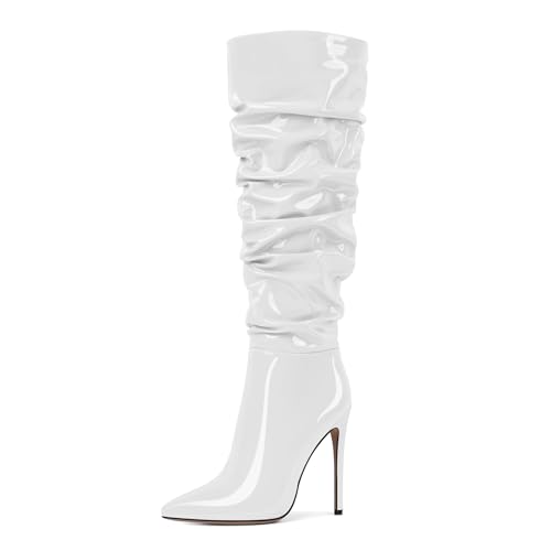 AUMOTED Stiletto Heel Kniehohe Stiefel für Frauen Pointey Toe Long Booties Zipper High Heel Work Comfortable Dress 4.7 Zoll Lackleder Weiß EU42 von AUMOTED