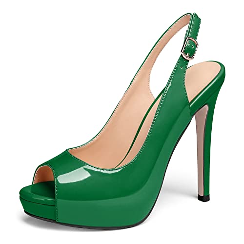 AUMOTED Stiletto Pumps für Frauen Bequeme High Heel Pumpen Klassische Peep Toe Heels Slingback Schuhe Modische Plateau Pump für das Abendessen Lackleder Grün 4,7 Zoll EU43 von AUMOTED