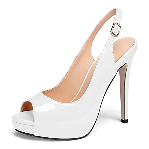 AUMOTED Stiletto Pumps für Frauen Bequeme High Heel Pumpen Klassische Peep Toe Heels Slingback Schuhe Modische Plateau Pump für das Abendessen Lackleder Weiß 4,7 Zoll EU43 von AUMOTED