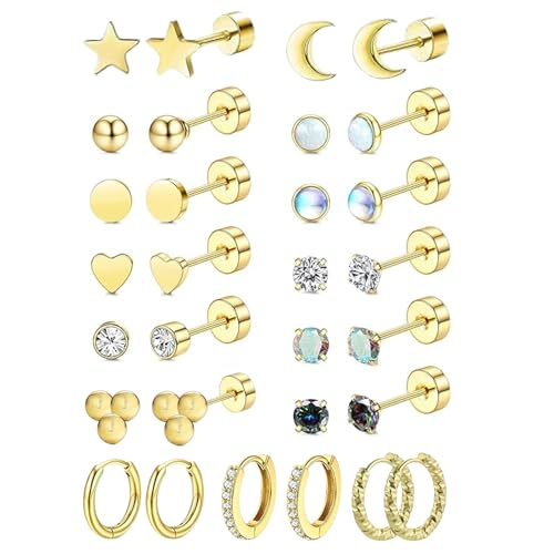 15-Paar hypoallergenes Ohrring-Set aus chirurgischem Stahl für empfindliche Ohren, kleine Opalkugel- und Zirkonia-Ohrstecker, Creolen mit flacher Rückseite, 18 Karat vergoldet, Schmuck für Knorpel von AUNEK
