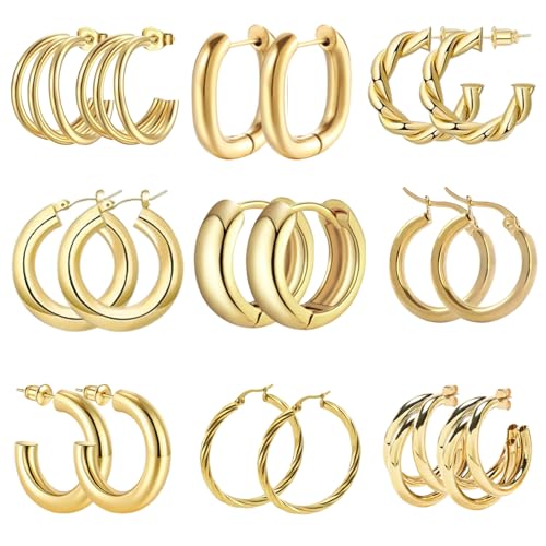 9-Paar-Set goldfarbener Edelstahl-Creolen für Damen, leichte gedrehte und klassische Huggie-Creolen, hypoallergener minimalistischer Schmuck, in Geschenkbox von AUNEK