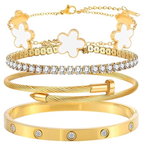 AUNEK Goldfarbenes Armreif-Set für Damen, verstellbare stapelbare Armreifen und Kettenarmbänder, Herz- und Blattakzente, Geschenkschmuck, elegantes Box AUNEK Goldfarbenes Armreif-Set für Damen, verstellbare stapelbare Armreifen und Kettenarmbänder, Herz- und Blattakzente, Geschenkschmuck, elegantes Box von AUNEK