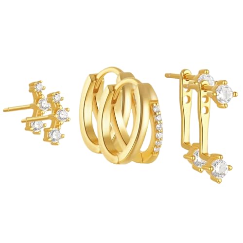 AUNEK Goldfarbenes Ohrring-Set für Frauen, minimalistische Ohrstecker und Huggie-Reifen, moderner mehrlagiger Piercing-Schmuck, Geschenk-Box von AUNEK