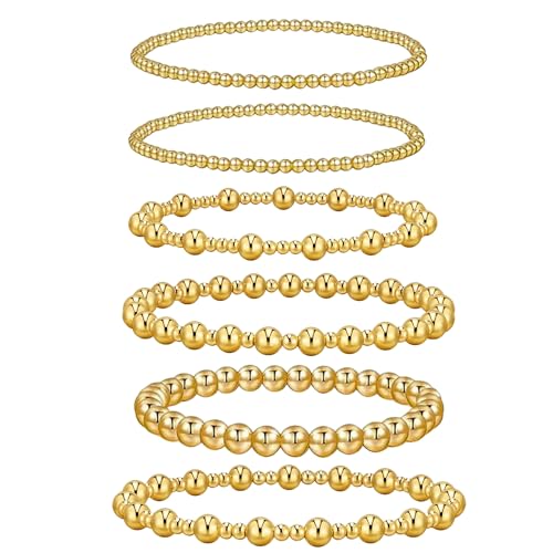 AUNEK Goldfarbenes Stretch-Armband-Set für Frauen, 6-teilig, stapelbar, elastische Kugel-Armbänder, minimalistischer Schichtschmuck, in Geschenkbox von AUNEK