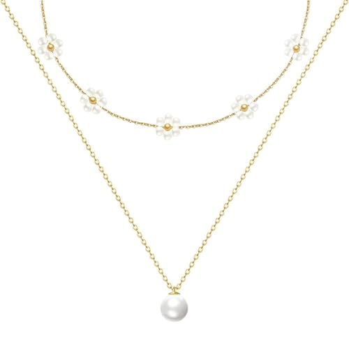 AUNEK Halskette mit mehrlagigem Gänseblümchen-Anhänger für Damen, 40,6 cm und 50,8 cm, verstellbarer goldfarbener Edelstahl, minimalistischer Blumenschmuck, Geschenk für Sie von AUNEK