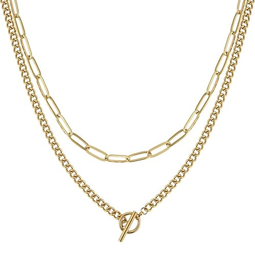 AUNEK Mehrlagiges goldfarbenes Kettenhalsketten-Set für Damen, 2-teilige Büroklammer- und Panzerkette mit Knebelverschluss, verstellbarer Modeschmuck, in Geschenkbox von AUNEK