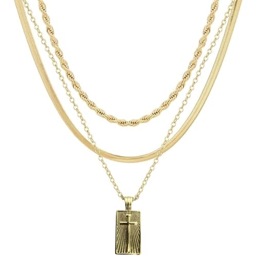 Mehrlagiges goldfarbenes Halskettenset für Damen, 3-teilige minimalistische Kette und rechteckiger Anhänger, verstellbarer Modeschmuck, in Geschenkbox Mehrlagiges goldfarbenes Halskettenset für Damen, 3-teilige minimalistische Kette und rechteckiger Anhänger, verstellbarer Modeschmuck, in Geschenkbox von AUNEK