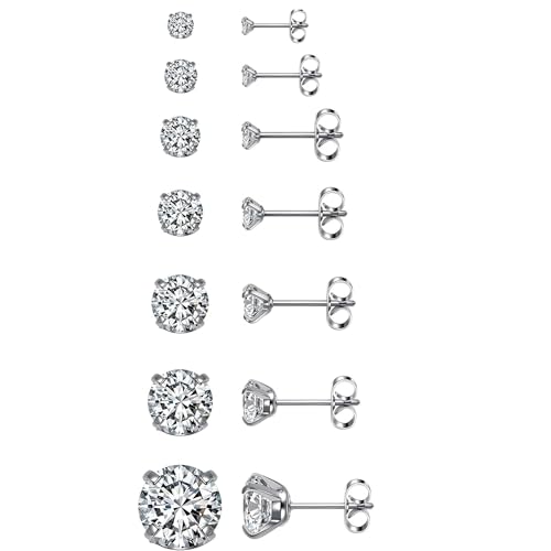 Ohrstecker mit flacher Rückseite, für Damen und Herren, 7 Paar, silberfarbene Ohrstecker, mehrere Größen für Lappen und Knorpel, in Geschenkbox von AUNEK