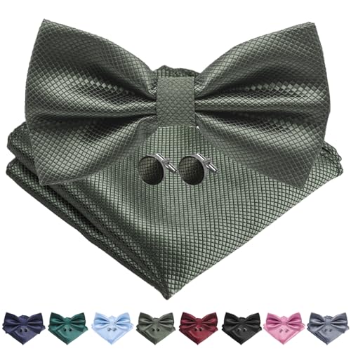 AUNGCSHE 4 PCS Herren Fliege mit Einstecktuch mit Geschenkbox, Einstellbar Volltonfarbe Fliege, Geeignet für Hochzeiten, Versammlungen, Abendkleider und Partys(Graugrün) von AUNGCSHE