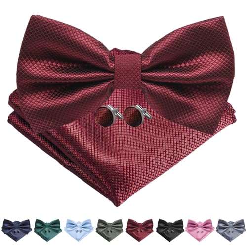 AUNGCSHE 4 PCS Herren Fliege mit Einstecktuch mit Geschenkbox, Einstellbar Volltonfarbe Fliege, Geeignet für Hochzeiten, Versammlungen, Abendkleider und Partys(Weinrot) von AUNGCSHE