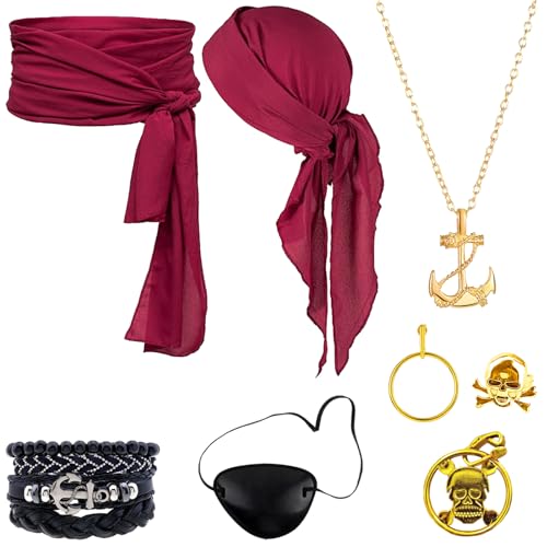 AUNGCSHE 7PCS Mittelalter Pirate Accessories, Piratenkostüm Damen und Herren Es Gibt Hüfttuch, Kopftuch, Augenmaske, Halskette, Ohrringe, Ring, Armband, für Halloween Cosplay Party(Burgunderrot) von AUNGCSHE