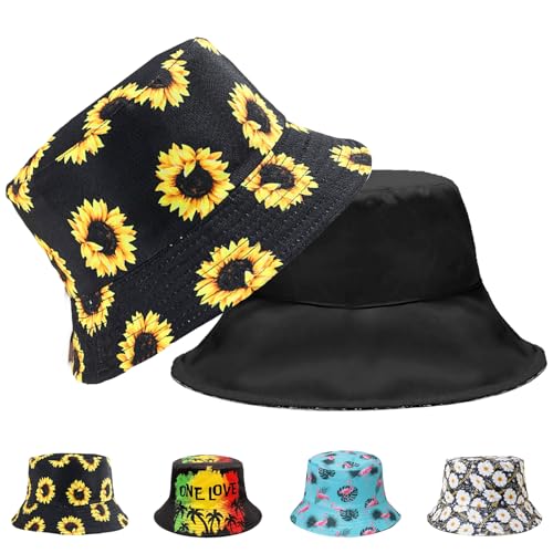 AUNGCSHE Fischerhut, Sonnenhut Bucket Hat Damen Herren, Beideseitig Tragen Fischerhüte, Retro Outdoor-Anglerhut Faltbar Buschhut für Wandern Camping Urlaub(Sonnenblume) von AUNGCSHE
