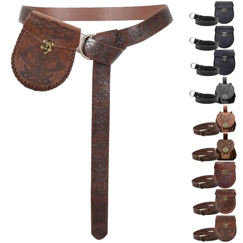 AUNGCSHE Mittelalter Tasche Geprägter, Mittelalter Gürtel und Mittelalter Gürteltasche, Wikinger Gürtel für Passend zum Wikinger Piraten Zauberer Ritter Renaissance Kostüm (Braune Axt) von AUNGCSHE