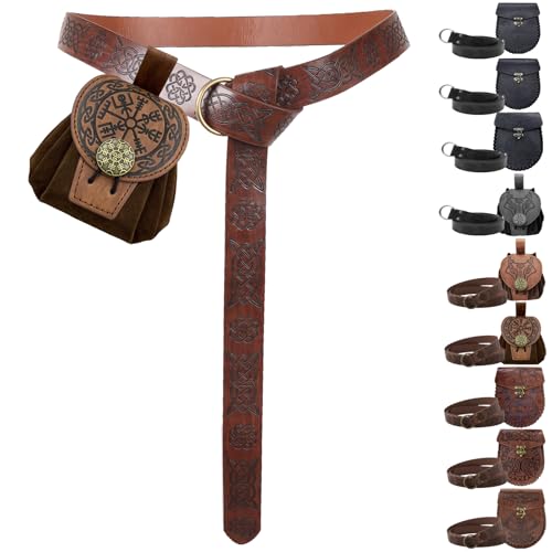 AUNGCSHE Mittelalter Tasche Geprägter, Mittelalter Gürtel und Mittelalter Gürteltasche, Wikinger Gürtel für Passend zum Wikinger Piraten Zauberer Ritter Renaissance Kostüm (Brauner Kompass) von AUNGCSHE