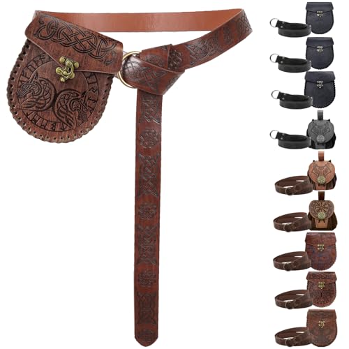 AUNGCSHE Mittelalter Tasche Geprägter, Mittelalter Gürtel und Mittelalter Gürteltasche, Wikinger Gürtel für Passend zum Wikinger Piraten Zauberer Ritter Renaissance Kostüm (Brauner Wolf) von AUNGCSHE