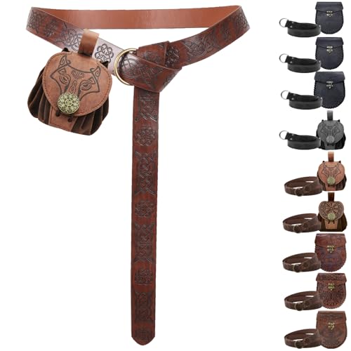 AUNGCSHE Mittelalter Tasche Geprägter, Mittelalter Gürtel und Mittelalter Gürteltasche, Wikinger Gürtel für Passend zum Wikinger Piraten Zauberer Ritter Renaissance Kostüm (Braunes A) von AUNGCSHE
