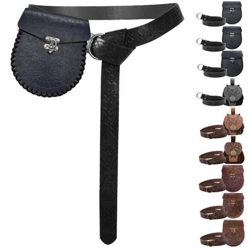AUNGCSHE Mittelalter Tasche Geprägter, Mittelalter Gürtel und Mittelalter Gürteltasche, Wikinger Gürtel für Passend zum Wikinger Piraten Zauberer Ritter Renaissance Kostüm (Schwarzer Wolf) von AUNGCSHE