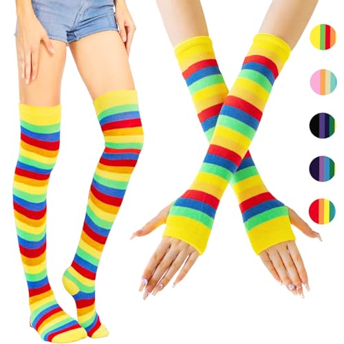 AUNGCSHE Regenbogen Overknees Strümpfe Damen, Fingerlose Handschuhe Damen, Kniestrümpfe Mädchen, Armstulpen Damen, Thigh High Socks, Fingerless Gloves Damen Für Halloween Cosplay 80er Fasching (Gelb) von AUNGCSHE