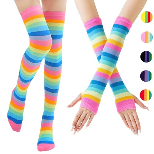 AUNGCSHE Regenbogen Overknees Strümpfe Damen, Fingerlose Handschuhe, Kniestrümpfe Mädchen, Armstulpen Damen, Thigh High Socks, Fingerless Gloves Für Handstulpen, Halloween Fasching (Rosa) von AUNGCSHE