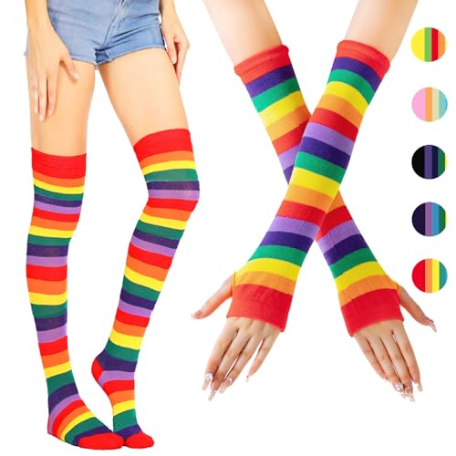 AUNGCSHE 2-Teiliges Set, 1 Damen Gestreifte Overknees Strümpfe, 1 Regenboge Handschuhe, Kniestrümpfe Regenboge, Fingerlose Handschuhe, Kostüm für Weihnachten Karneval Warm Halten(Rot) von AUNGCSHE