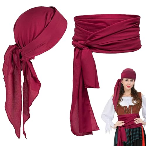 AUNGKWANG 2 Stück Durag with Long Tail, Piraten Bandana und Piraten Hüfttuch, Unisex Durag Men Silk Pirate Bandanas with Long Tail and Wide Straps for Men Women Daily Hip Hop Decoration (Rot) von AUNGKWANG