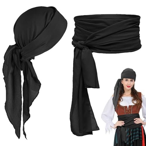 AUNGKWANG 2 Stück Durag with Long Tail, Piraten Bandana und Piraten Hüfttuch, Unisex Durag Men Silk Pirate Bandanas with Long Tail and Wide Straps for Men Women Daily Hip Hop Decoration (Schwarz) von AUNGKWANG