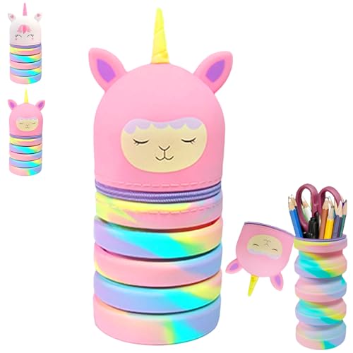 AUNGKWANG 2-in-1 Kawaii Einhorn Federmäppchen Kinder und Stifthalter, Silikon Teleskopisc Kinder, Silikon Make Up Tasche, Schlampermäppchen Mädchen für Mädchen Jungen Geschenk zum Schulanfang von AUNGKWANG