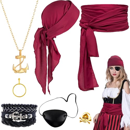 AUNGKWANG 7PCS Mittelalter Piratenkostüm Zubehör Set Damen Herren, Piraten Augenklappen Piraten Kopftuch Goldenen Totenkopfring, Ohrringe Halskette Armband für Karneval Cosplay Party von AUNGKWANG