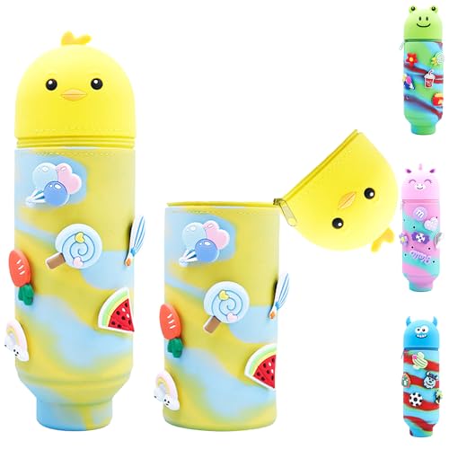 AUNGKWANG Gelb Kawaii Federmäppchen, Küken 2-in-1 weichem Silikon Stifthalter, mit 6 Crocs Anstecker, Cartoon Bleistifthalter, Teleskopisc Federtasche für Mädchen Teen Geschenk von AUNGKWANG