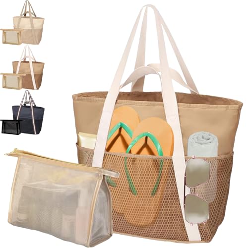 AUNGKWANG 2 Stück Mesh Strandtasche XXL Familie, Badetasche Damen, Große Wasserdichte Strandtasche Damen mit Kleine Badetasche, Beach Bag für Strand, Urlaub, Pool, Reisen Einkaufen und Alltag, Braun von AUNGKWANG
