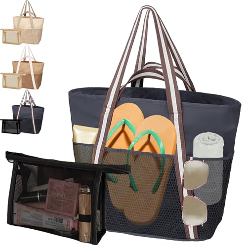 AUNGKWANG 2 Stück Mesh Strandtasche XXL Familie, Badetasche Damen, Große Wasserdichte Strandtasche Damen mit Kleine Badetasche, Beach Bag für Strand, Urlaub, Pool, Reisen Einkaufen und Alltag, Schwarz von AUNGKWANG