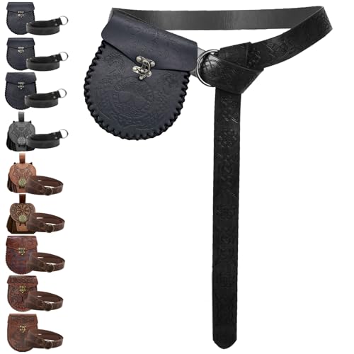AUNGKWANG Mittelalter Kleidung Herren Damen, Mittelalter Gürteltasche mit Nordischem Retro Kordelzugbeutel, Renaissance Kunstleder Gürtel und Gürteltasche Set für Halloween, Karneval, LARP, Ren Faire von AUNGKWANG