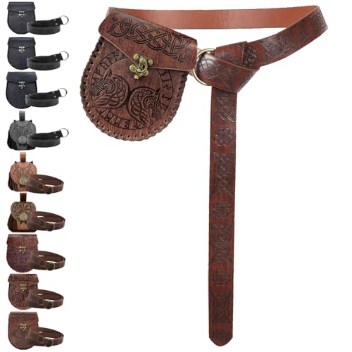 AUNGKWANG Mittelalter Kleidung Herren Damen, Mittelalter Gürteltasche mit Nordischem Retro Kordelzugbeutel, Renaissance Kunstleder Gürtel und Gürteltasche Set für Halloween, Karneval, LARP, Ren Faire von AUNGKWANG