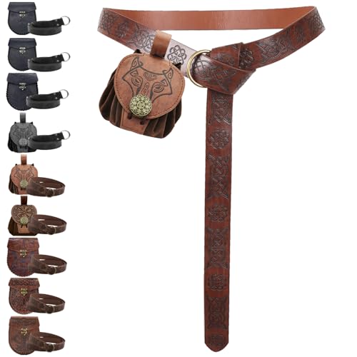 AUNGKWANG Mittelalter Kleidung Herren Damen, Mittelalter Gürteltasche mit Nordischem Retro Kordelzugbeutel, Renaissance Kunstleder Gürtel und Gürteltasche Set für Halloween, Karneval, LARP, Ren Faire von AUNGKWANG