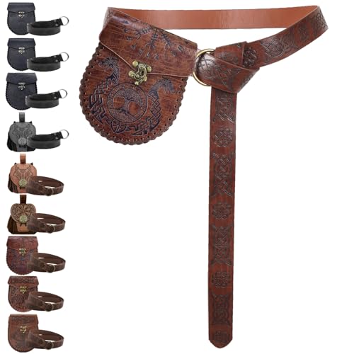 AUNGKWANG Mittelalter Kleidung Herren Damen, Mittelalter Gürteltasche mit Nordischem Retro Kordelzugbeutel, Renaissance Kunstleder Gürtel und Gürteltasche Set für Halloween, Karneval, LARP, Ren Faire von AUNGKWANG