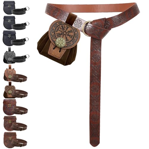 AUNGKWANG Mittelalter Kleidung Herren Damen, Mittelalter Gürteltasche mit Nordischem Retro Kordelzugbeutel, Renaissance Kunstleder Gürtel und Gürteltasche Set für Halloween, Karneval, LARP, Ren Faire von AUNGKWANG