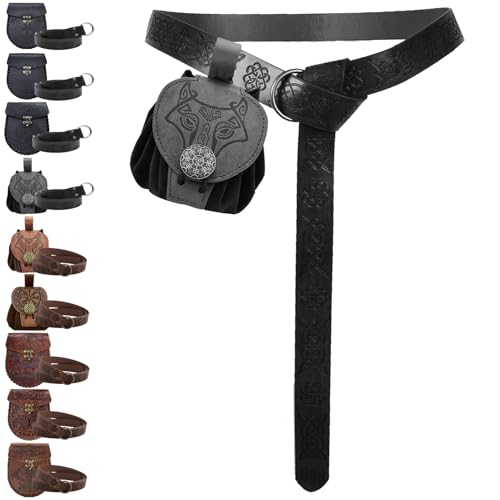 AUNGKWANG Mittelalter Kleidung Herren Damen, Mittelalter Gürteltasche mit Nordischem Retro Kordelzugbeutel, Renaissance Kunstleder Gürtel und Gürteltasche Set für Halloween, Karneval, LARP, Ren Faire von AUNGKWANG