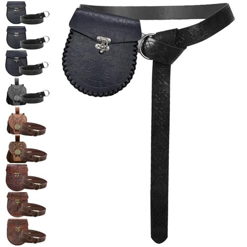 AUNGKWANG Mittelalter Kleidung Herren Damen, Mittelalter Gürteltasche mit Nordischem Retro Kordelzugbeutel, Renaissance Kunstleder Gürtel und Gürteltasche Set für Halloween, Karneval, LARP, Ren Faire von AUNGKWANG