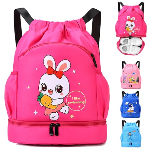 AUNGKWANG Schwimmtasche Kinder, Kaninchen Sportbeutel Mädchen mit Kordelzug, Wasserdichter Rucksack mit Bodenfach, 30 * 16 * 42 cm Große Kinder-Turnbeutel Rosenrot von AUNGKWANG