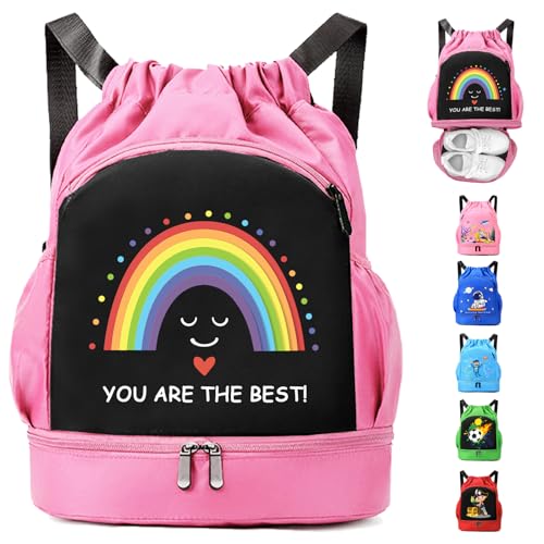 AUNGKWANG Sporttasche Mädchen, Regenbogen Schwimmtasche Kinder, Rucksack Schwimmen Kinder, 30 * 16 * 42 Cm Regenbogen Schwimmrucksack fur Mädchen Schwimmstrand Einkaufssack von AUNGKWANG