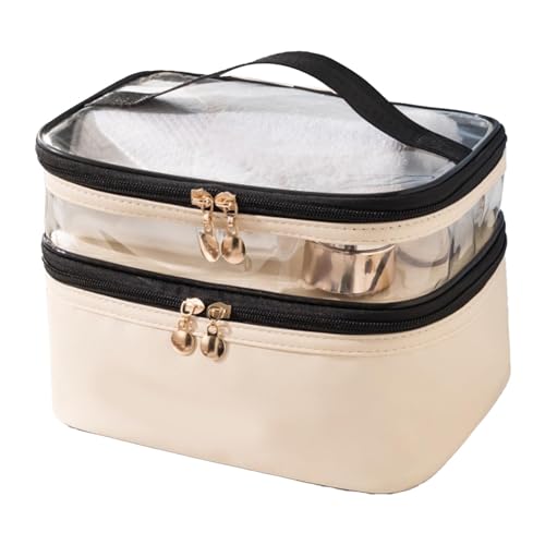 Doppelschichtige Make-up-Tasche, Wasserdicht, Geräumige Reißverschlüsse aus Legierung, Robuster Griff, Unverzichtbarer Organizer für Zuhause und Reisen (Beige) von AUNMAS