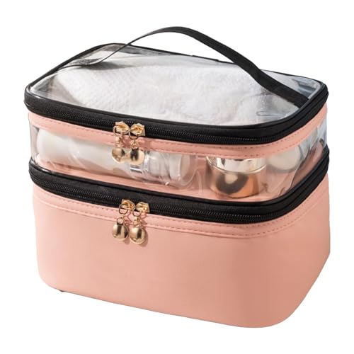 Doppelschichtige Make-up-Tasche, Wasserdicht, Geräumige Reißverschlüsse aus Legierung, Robuster Griff, Unverzichtbarer Organizer für Zuhause und Reisen (PINK) von AUNMAS