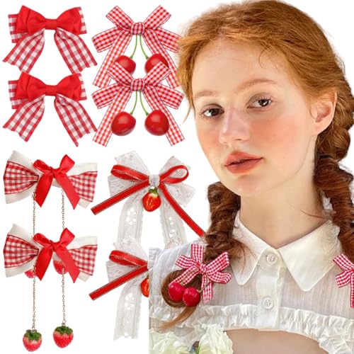 Haarspangen mit Kirsch-Erdbeer-Schleife, Haar-Accessoires, Weihnachtsmotiv, Rot / Weiß, kariert, Krokodil-Haarspangen für Damen und Mädchen, 8 Stück Haarspangen mit Kirsch-Erdbeer-Schleife, Haar-Accessoires, Weihnachtsmotiv, Rot / Weiß, kariert, Krokodil-Haarspangen für Damen und Mädchen, 8 Stück von AUOCATTAIL