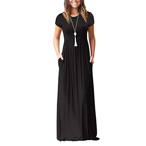 AUOMITH Damen 2025 Sommer Kurzarm Empire Hohe Taille Langes Maxikleid mit Taschen, Schwarz, XX-Large AUOMITH Damen 2025 Sommer Kurzarm Empire Hohe Taille Langes Maxikleid mit Taschen, Schwarz, XX-Large von AUOMITH